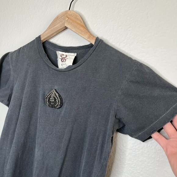 Figue Gray boho Embellished distressed Tee XS Cotton Womens Casual T-Shirt - Picture 6 of 12